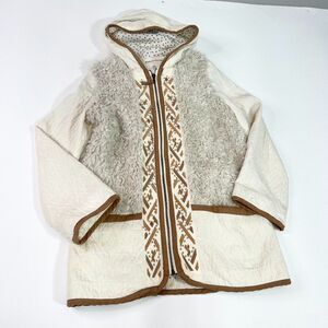 HEI HEI Jacket Womens XS Cream Boho Sherpa Embroidered Highlands Hooded Full Zip